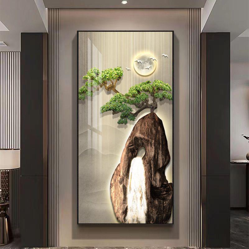 现代轻奢流水生财装饰画入户过道新中式挂画民宿酒店石来运转壁画