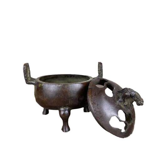 仿古双耳三腿熏香炉摆件古玩收藏合金兽盖炉家居佛堂装饰工艺品
