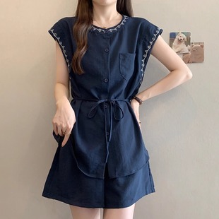 女装 显瘦收腰刺绣短袖 大码 夏季 两件套 衬衫 微胖mm咖色阔腿休闲短裤