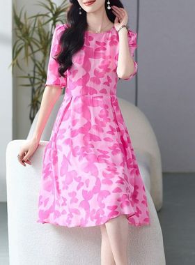 69489玫瑰印花桑蚕丝碎花裙2025新款收腰气质真丝连衣裙夏季