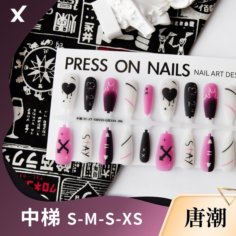 唐潮底色半成品穿戴甲预制甲片欧美线条万圣诞款漫画复古辣妹美甲