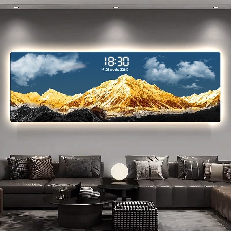 日照金山简约现代客厅装饰u画靠山沙发背景墙挂画电子钟表带灯壁