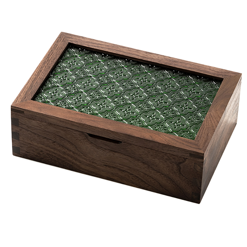 黑胡桃木收纳盒绿色复古压花海棠玻璃盖翻盖式P燕尾榫木盒子储物