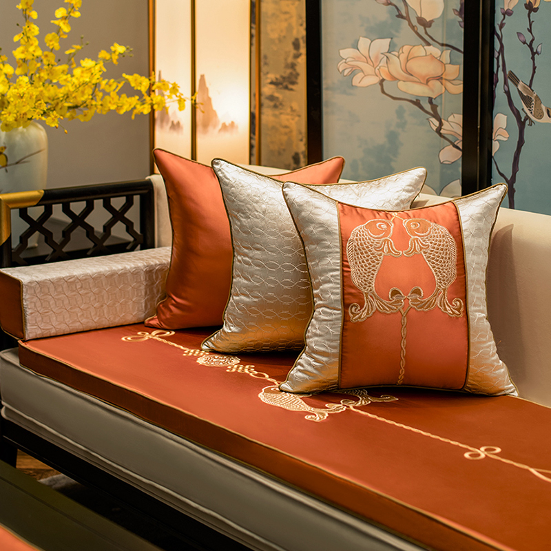 中式古典双鲤刺绣红l木沙发靠垫抱枕YG34实木家具罗汉床腰枕五件