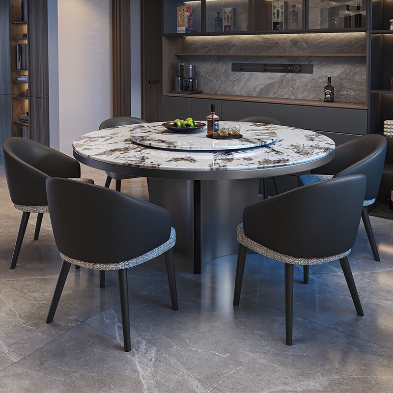 威尼斯棕奢石大理石餐桌椅圆桌组合现代简约N小户型吃饭圆形桌家