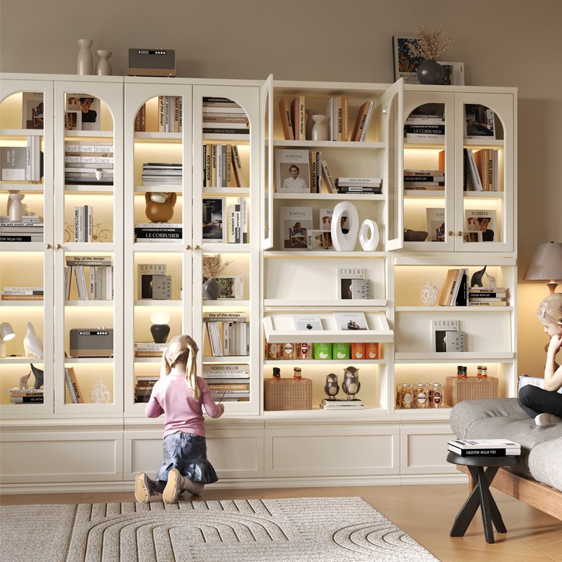 实木卡座书柜法式复古p去客厅化书柜一体整墙储物书架带玻璃门防