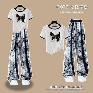 套装 备女童休闲裤 冰丝学生版 短袖 网红高级感潮 夏季 新中式 玩水装