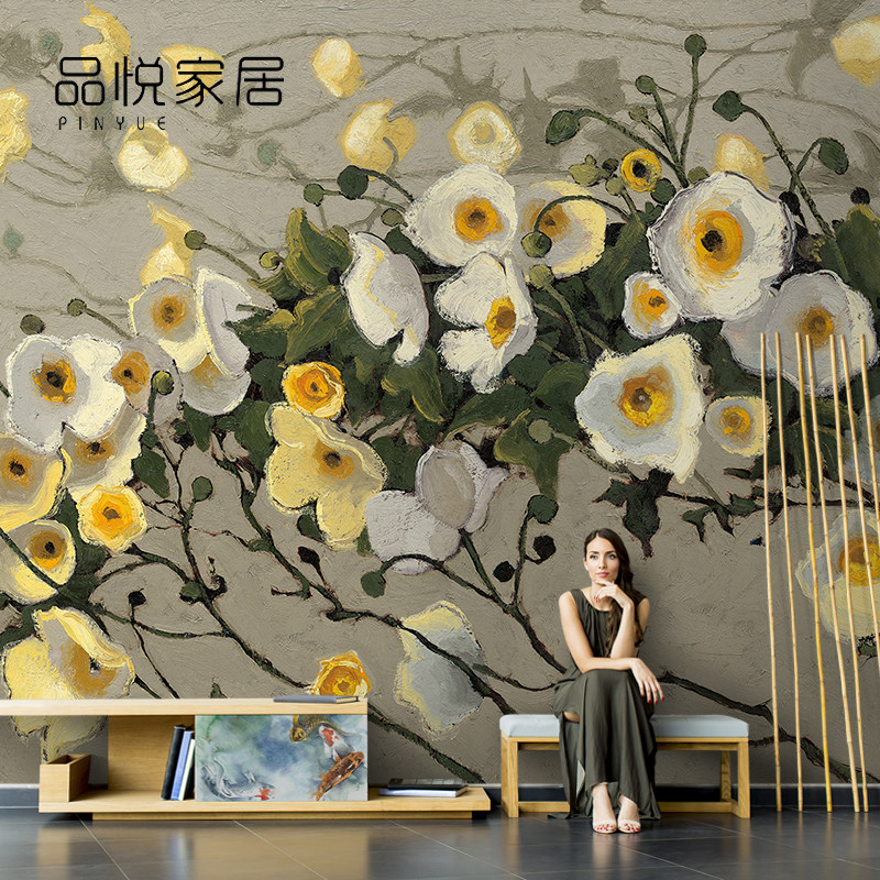 艺术抽象木兰花卉花枝油画客厅电视背景墙纸无缝沙发壁纸壁画墙布