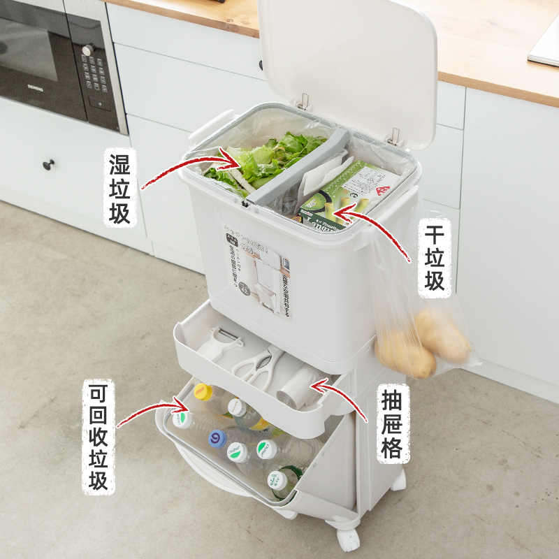 垃圾分类垃圾桶家用厨房带轮子干湿分离有盖脚踏拉圾筒大垃圾箱