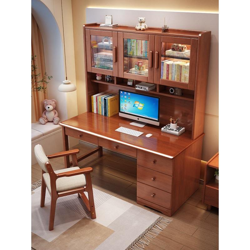 书桌实木电脑桌书架书柜一体组合儿童学习桌椅卧室学生写字桌家用