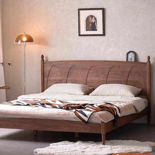 北欧简约黑胡桃木全实木床樱桃木家具主卧1.8米复古双人靠背大床