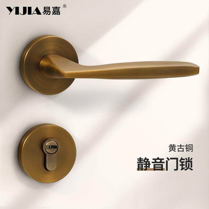 新中式磁吸静音家用室内卧室门锁分体黄古铜铝合金房间门木门把手