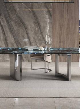 意式极简fend蓝翡翠奢石长方形餐桌高端现代简约家用饭桌