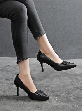 真皮工作单鞋三个跟高跟鞋细跟浅口气质尖头包鞋时尚百搭ZXW 591
