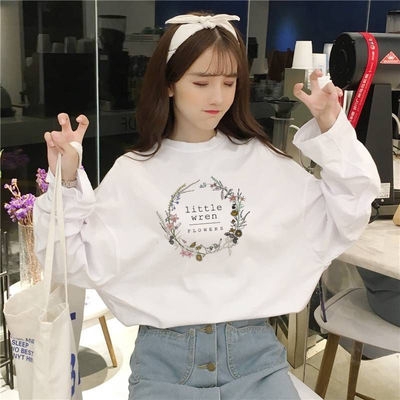 慵懒风休闲长袖上衣女装韩版圆领秋季大版宽松中长款白色t恤ins潮