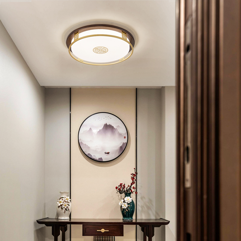 新中式实木吸顶灯led过w道灯圆形方形阳台灯走廊玄关入户灯具