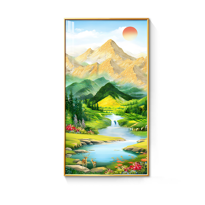 聚宝盆玄关装饰画流水生财山水风景进门入户挂画客U厅手绘油画壁