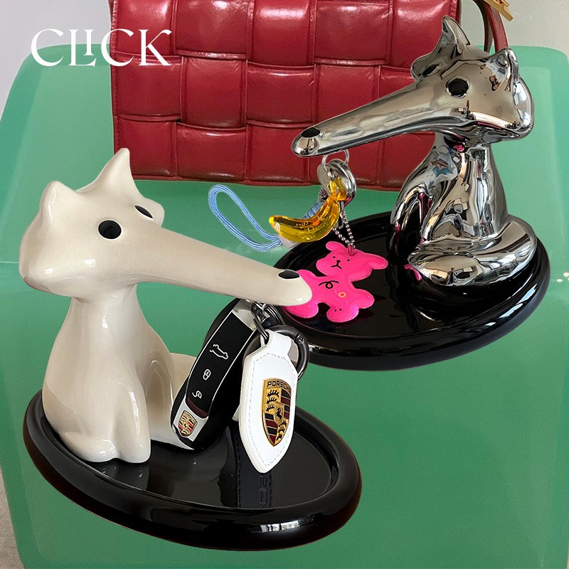 Click创意狐狸叼钥匙管家磁吸收纳托盘陶M瓷摆件玄关置物拖盘可爱