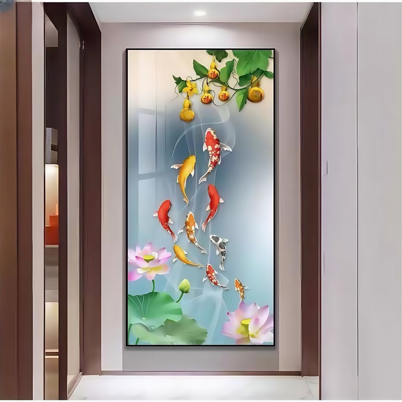 荷花九鱼图轻奢高档玄关画入户装饰画新中式过N道走廊LED带灯挂画