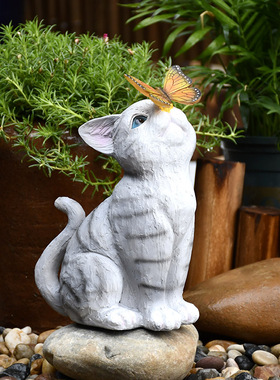 阳台花园装饰庭院布置可爱猫咪摆件太阳能灯户外创意树脂动物雕塑