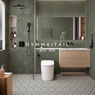 法式中古风暗花绿色600x1200花砖卫生间浴室地砖民宿背景墙瓷砖