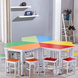 学生六边形拼接组合桌美术彩色团体活动培训课桌椅智慧教室阅览桌