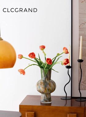 花瓶高级感灰绿色玻璃花瓶摆件轻奢高档客厅桌面鲜花插花装饰花器