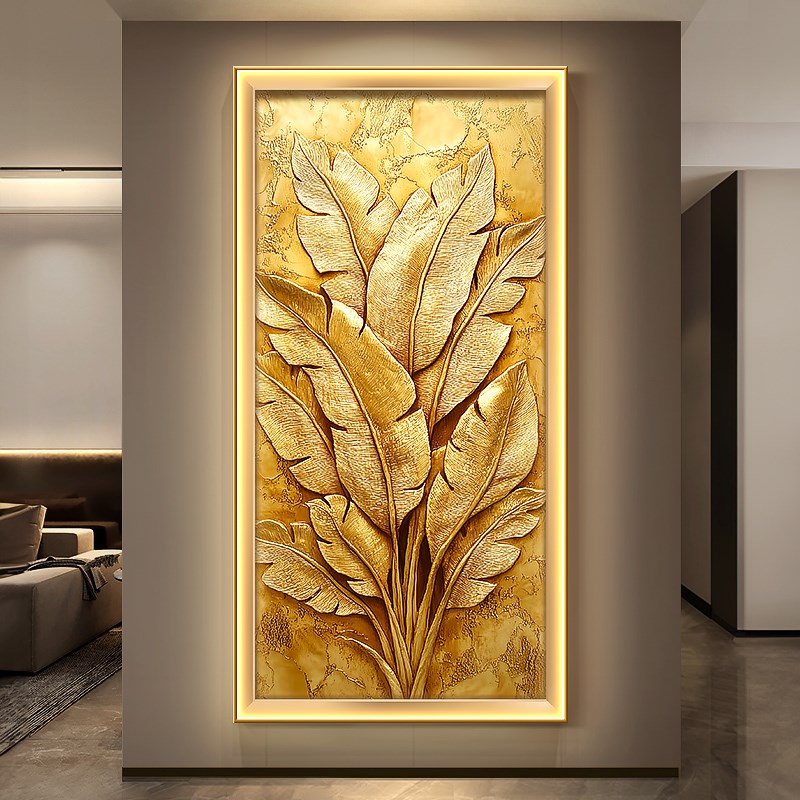 轻奢家大业大玄关装饰画r鎏金肌理走廊过道挂画芭蕉叶入户带灯壁