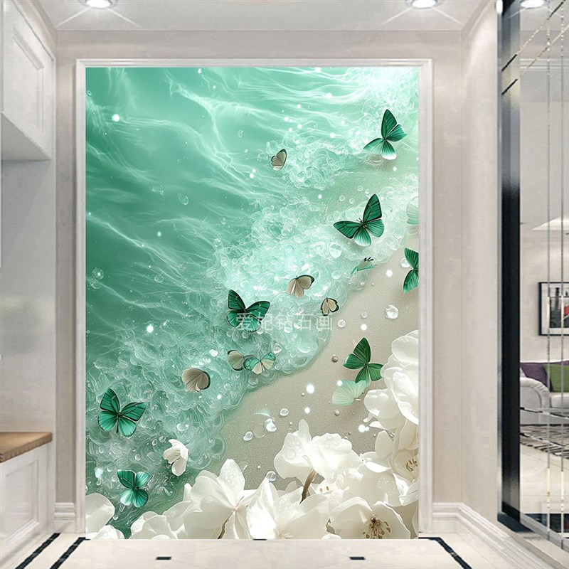 2024新款DIY方n钻满钻钻石画钻石绣海边绿色蝴蝶手工粘贴钻十字绣