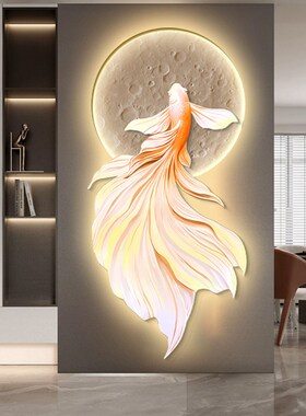 富贵鱼玄关装饰画轻奢客厅走廊过道竖版挂画吉祥锦鲤LED灯画高档