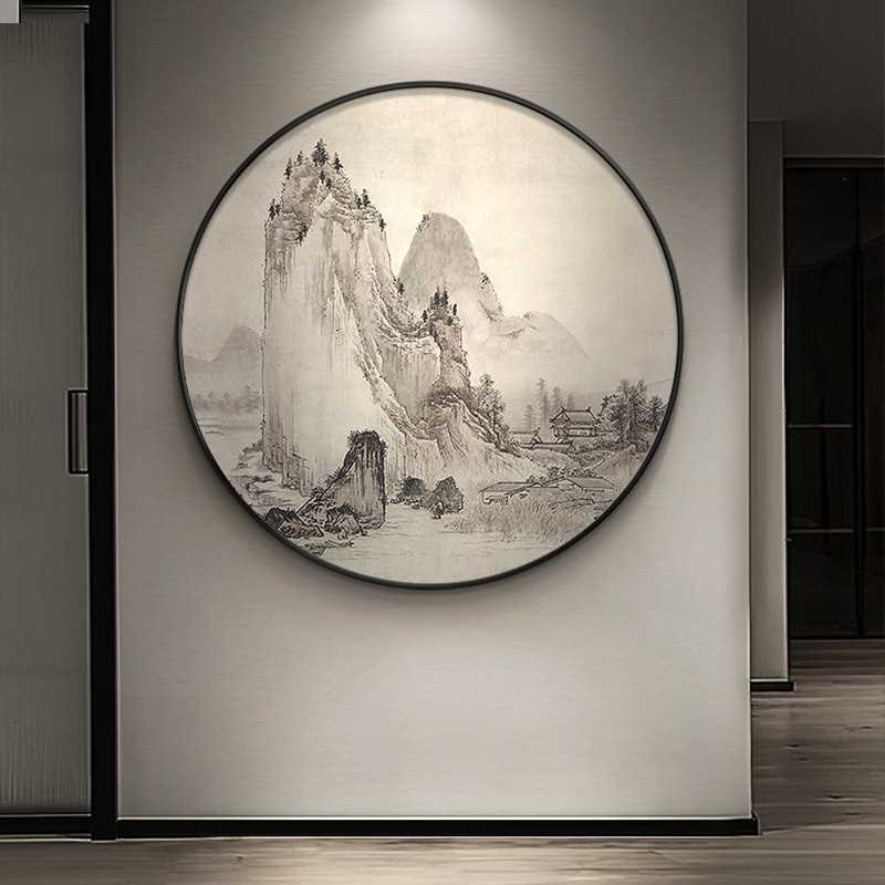圆形山水装饰画新中n式餐厅风景挂画饭店茶室玄关走廊水墨画古代图片