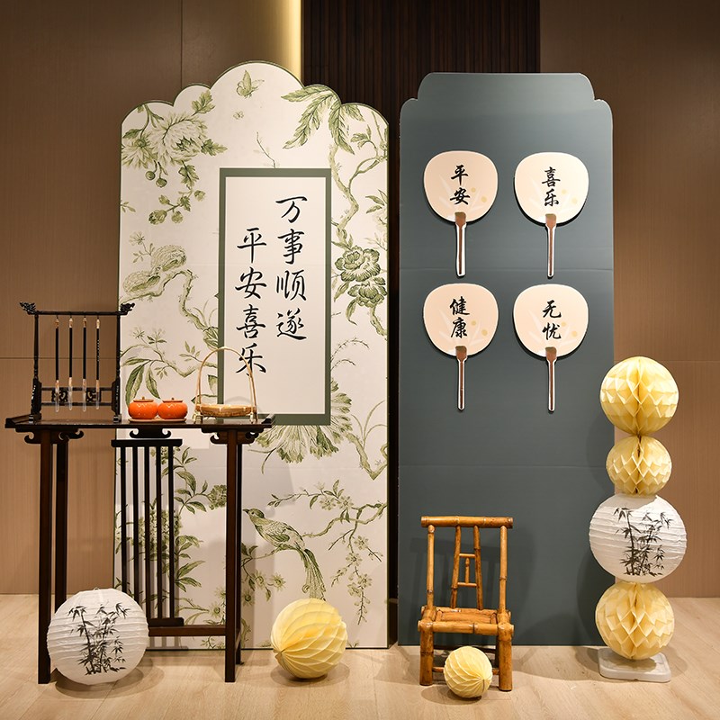 新中式绿色系男女宝m宝满月周岁装饰布置背景墙定制KT板宝宝宴背