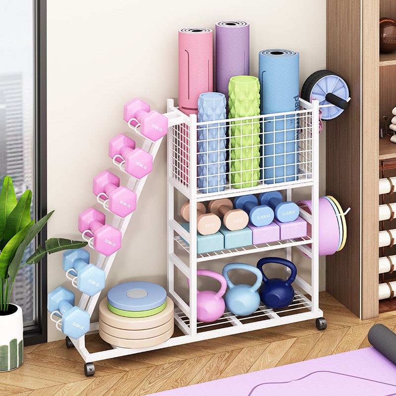 运动健身器材收纳架瑜伽垫置物架家用带轮篮球架T泡沫轴壶铃哑铃