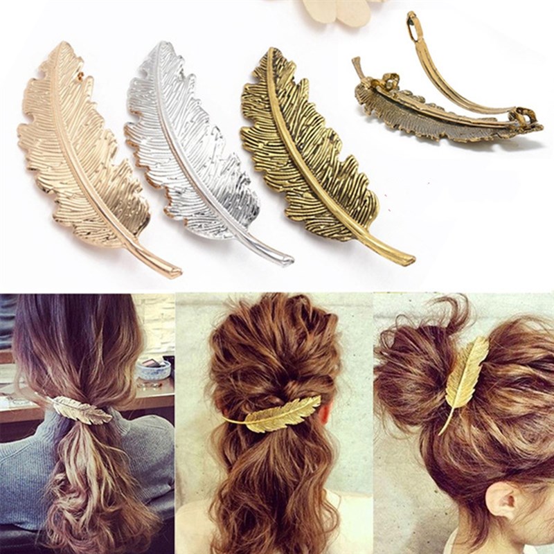 New Alloy Vintage Hair Clip Feather Leaf Shape Barrette Meta