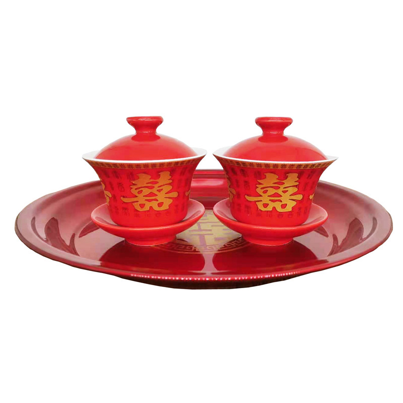 婚礼敬茶杯婚庆用品结婚新郎新娘敬父母改口茶碗盖碗红色陶瓷对杯