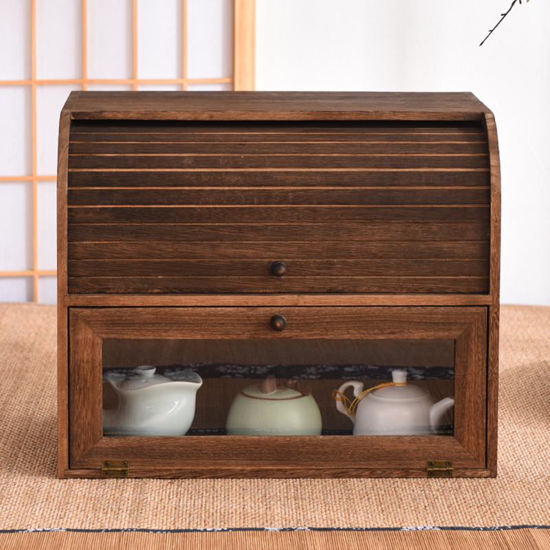 实木桌上整理箱防尘小储物柜茶具茶壶茶杯陈列置物架子杂物整理柜
