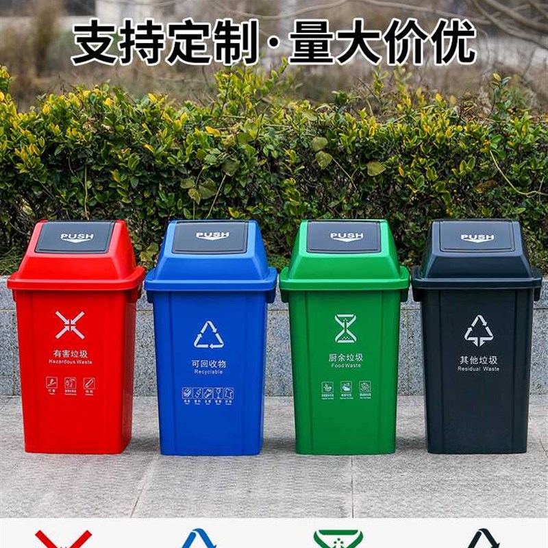 大号正方形分类垃圾桶四色摇盖环卫户外商用餐饮无盖果皮箱