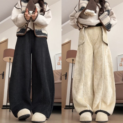 羊羔绒弯刀裤子女秋冬2025新款加绒保暖棉裤小个子慵懒毛呢阔腿裤