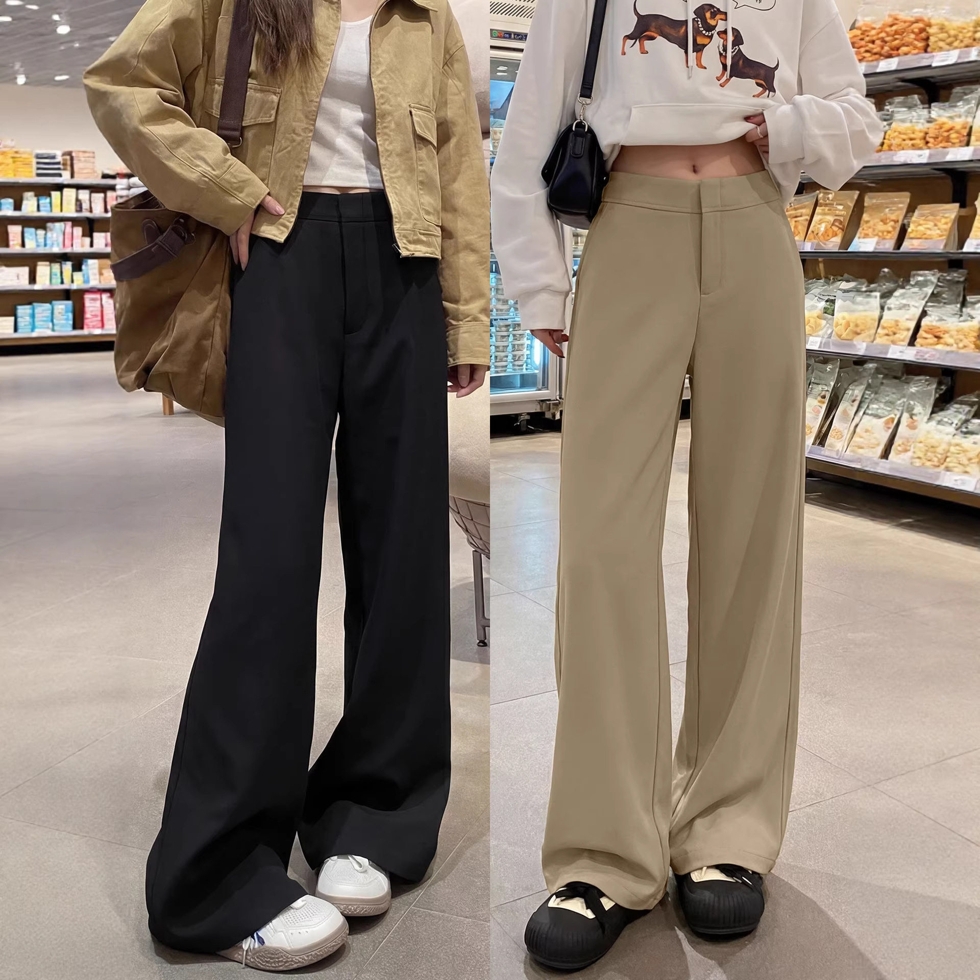 卡其色阔腿裤女2026新款春秋感窄版休闲直筒小个子黑色西装裤