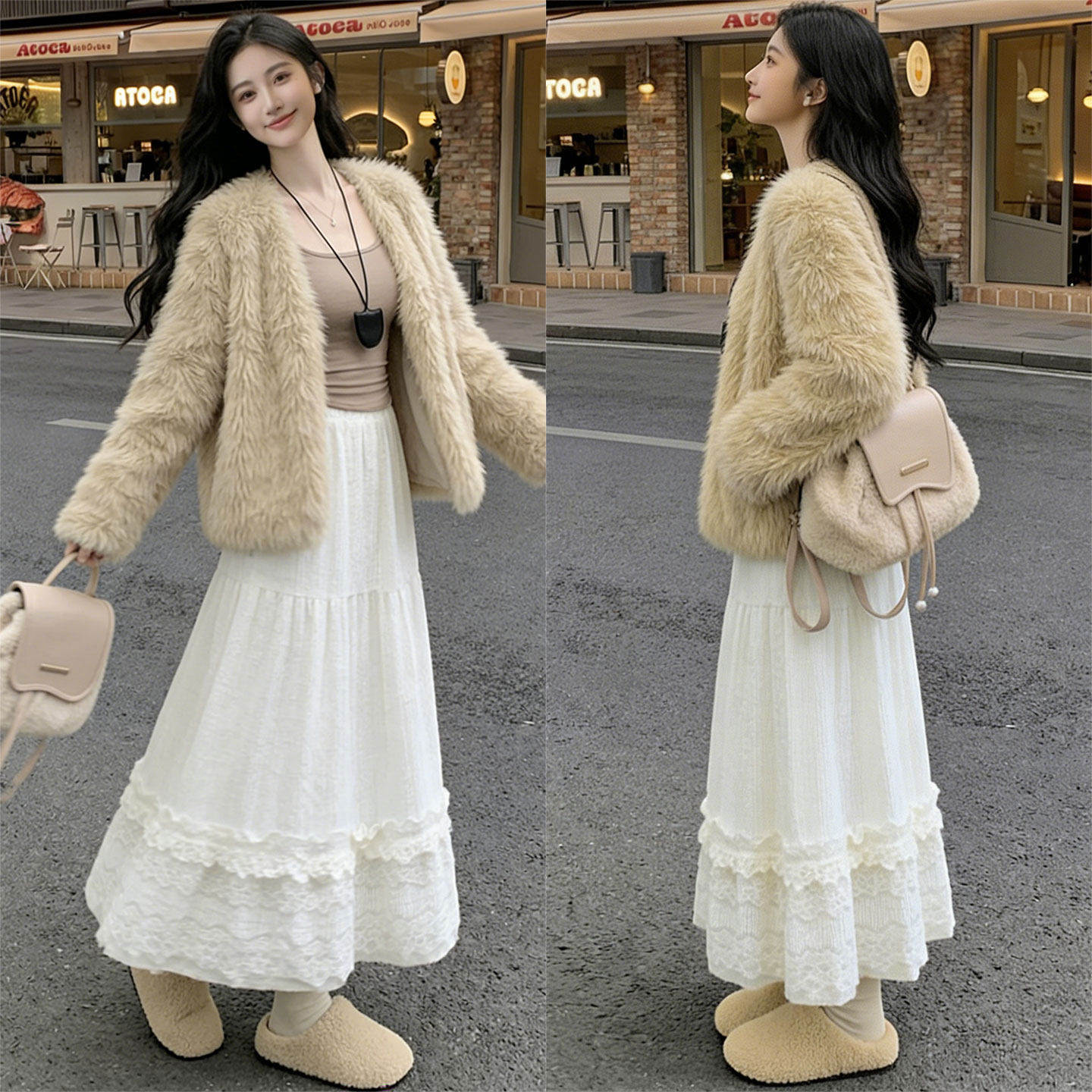 大码加厚毛绒白色半身裙女秋季高腰蕾丝蛋糕裙胖mm遮肚子显瘦裙子