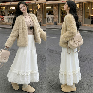大码加厚毛绒白色半身裙女秋季高腰蕾丝蛋糕裙胖mm遮肚子显瘦裙子