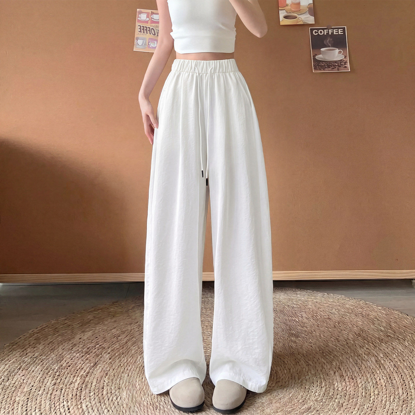白色冰丝弯刀阔腿裤女夏季薄款宽松直筒小个子垂感休闲速干运动裤