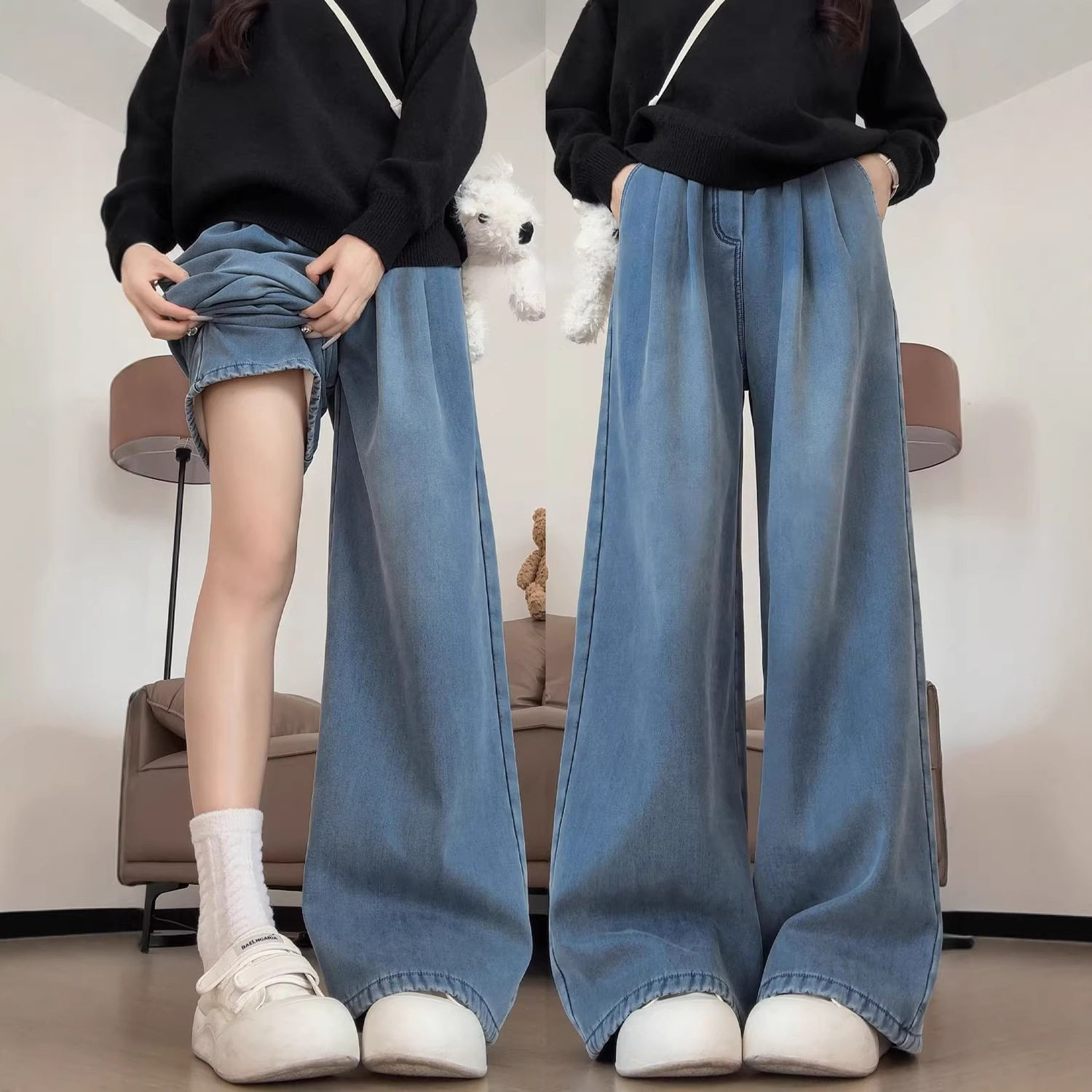 直筒牛仔裤女秋冬2026新款宽松大码胖mm松紧腰小个子加绒阔腿裤子