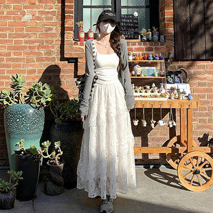 白色蕾丝半身裙女秋冬季高腰垂感a字半裙长裙小个子不规则蛋糕裙