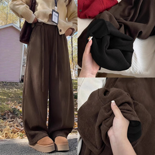 咖色灯芯绒弯刀裤女裤秋冬季加绒加厚小个子高腰显瘦直筒阔腿裤子