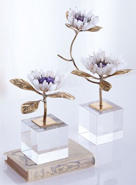 北欧轻奢黄铜树枝天然紫水晶花摆件样板间客厅玄关茶几摆设装饰品