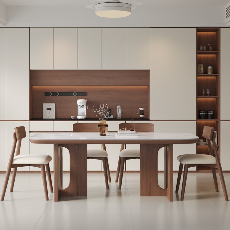 复古风洞石岩板餐桌家用小户型饭桌胡桃J木餐桌椅休闲组合长方形