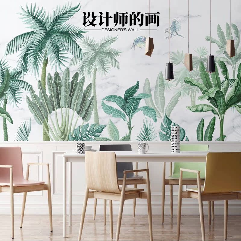 东南亚手绘热带植物艺术壁纸沙发电视背景墙壁布无缝高级感背景布