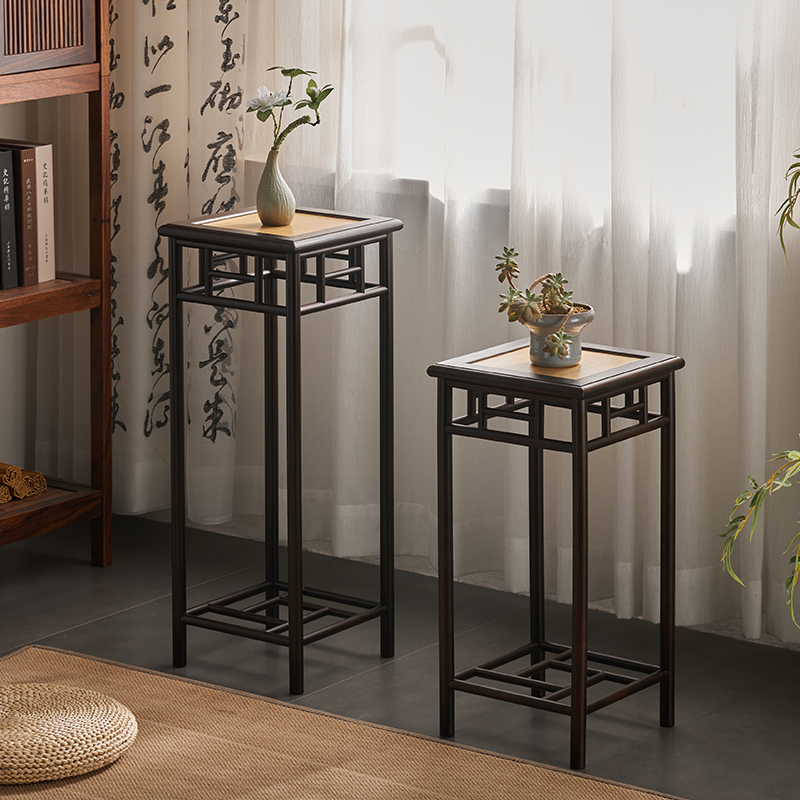 新中式花架落地j式摆件装饰架仿古盆景可移动花几客厅小置物架竹