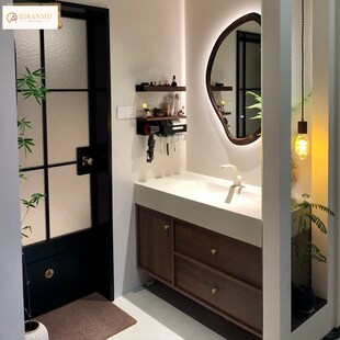 中古风可丽耐一体盆骨骼线烤漆实木异形智能镜子浴室柜组合洗漱台